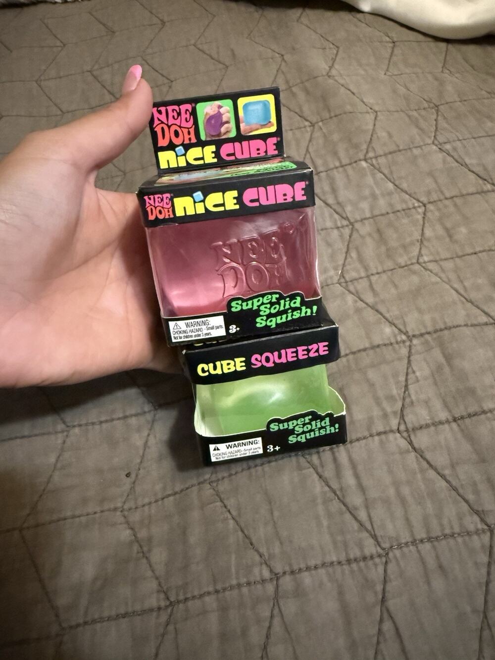 Nee Doh Nice Cube Super Solid Squish Cube Squeeze Toy, Pink & Green cube squeeze